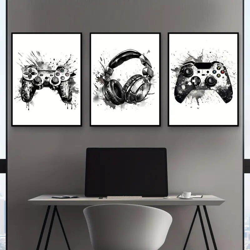 Gaming Accessories Decor - Conjunto de 3 Quadros em Tela